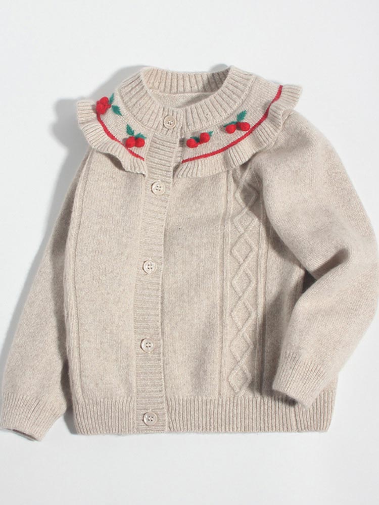 (image for) Ruffled Collar Cherry Embroidery Button-Front Cashmere Cardigan